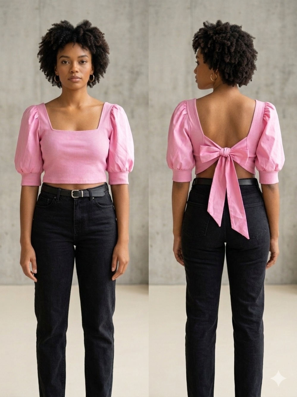 SHEIN Pink Puff-Sleeve Ribbed Cropped Top